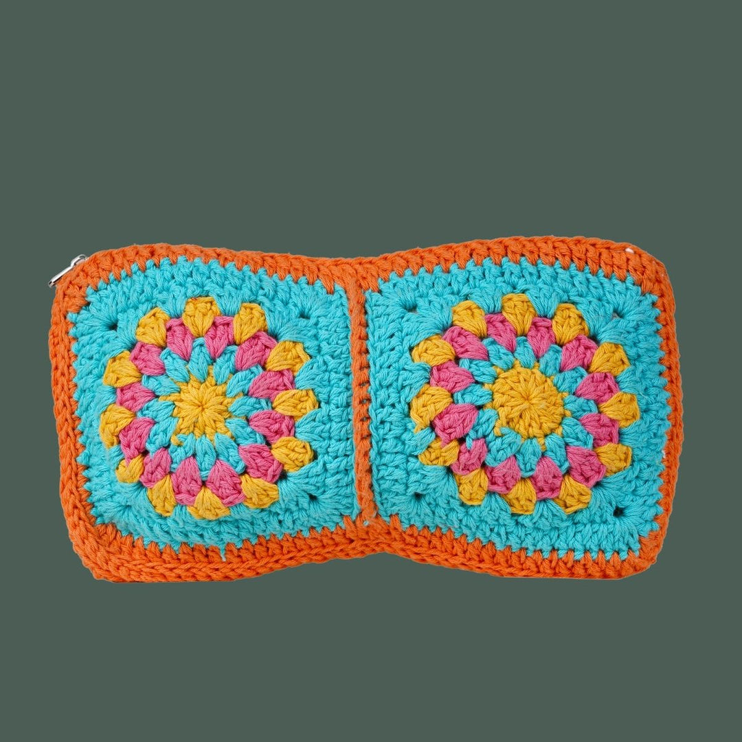 Crochet Pouch Bag | Hand-Crochet | Cotton | Rust & Turquoise