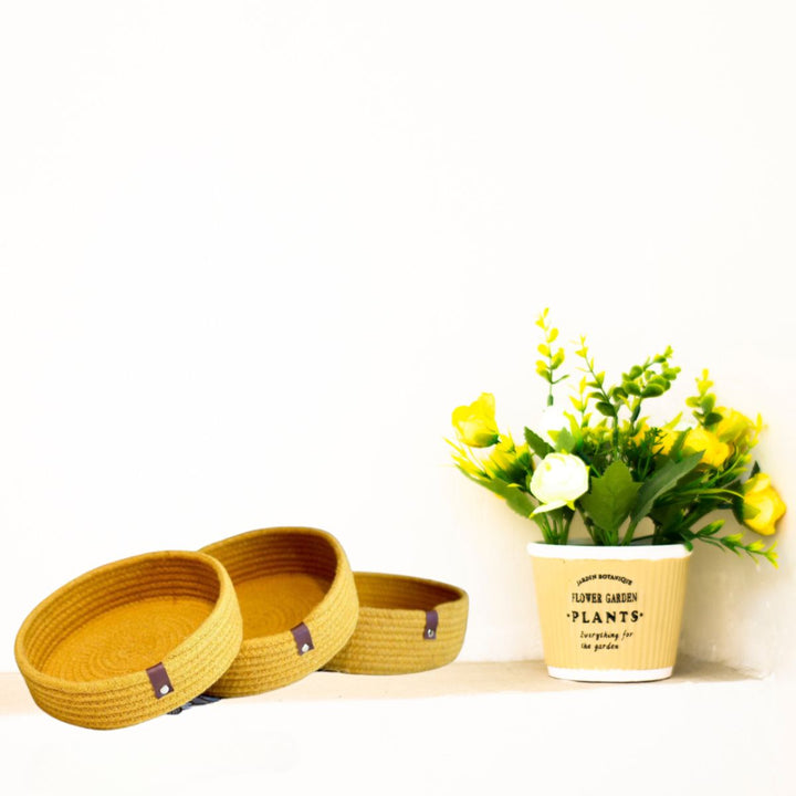 Mustard Yellow Hand-Crafted Nesting Basket | Cotton | Bohemian | Set Of 3