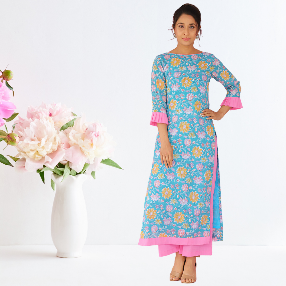 Azure Suit Set | Hand-block Print | Festive Wear | Teal And Pink