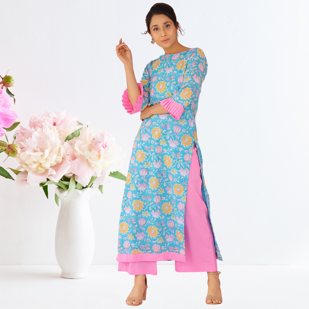 Azure Suit Set | Hand-block Print | Festive Wear | Teal And Pink