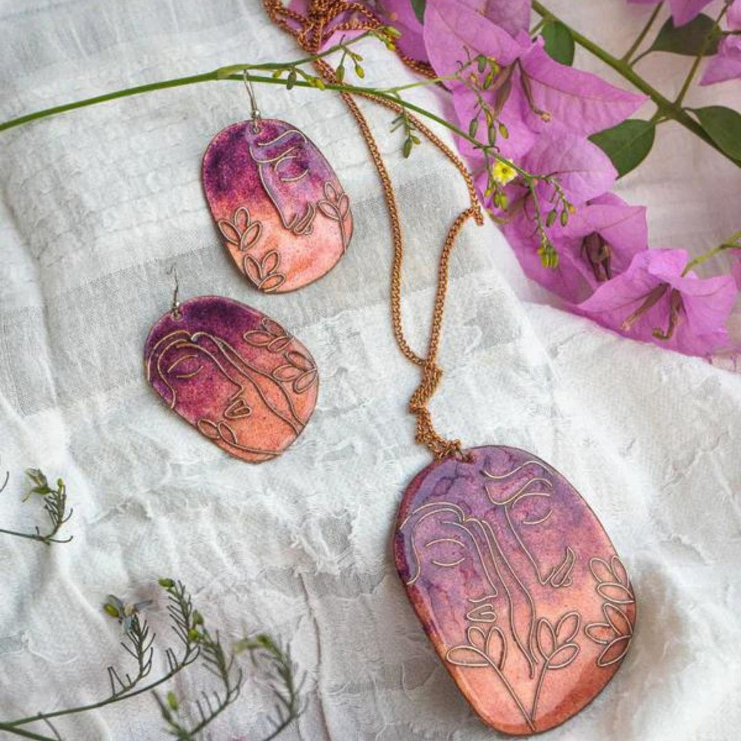 Pendant with Earrings | Pink Double Tone | Copper Enameling | Hand-crafted