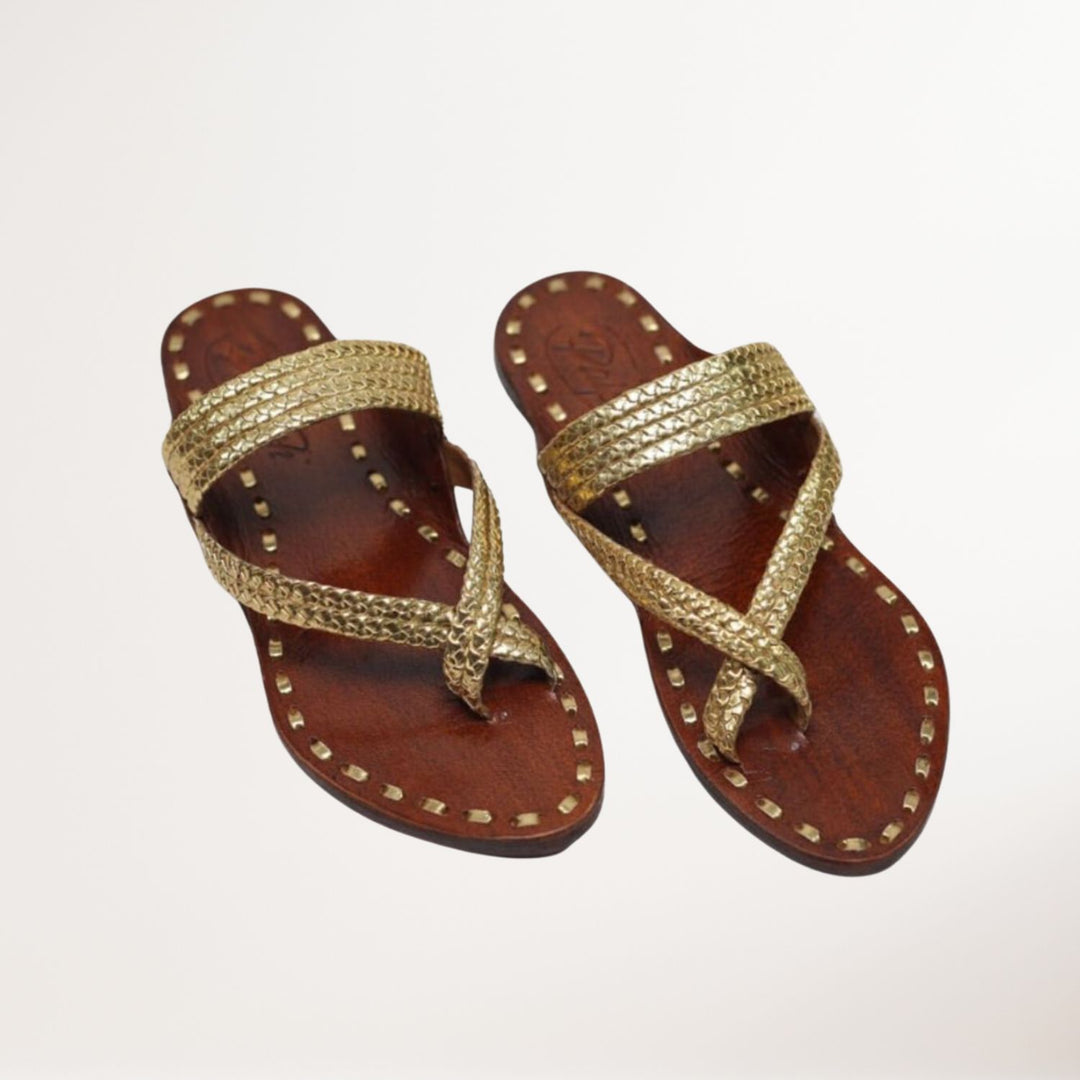 Gold Gandhi Kolhapuri Flats for Women | Hand Crafted | Comfortable | Everyday Wear
