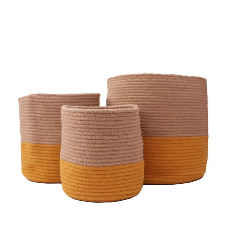Dual tone Jute Hand-Crafted Baskets / Planters | Yellow & Jute | Large