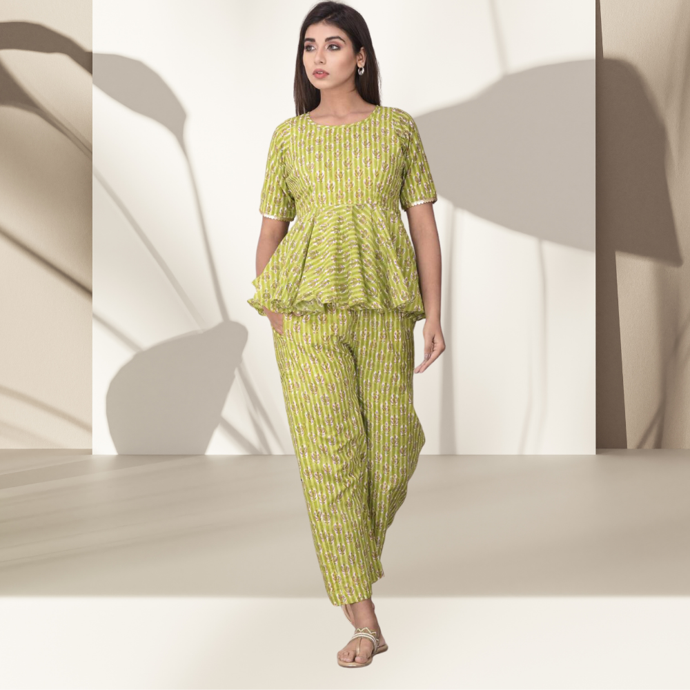 Floral Peplum Top | Block Print | Handcrafted | Day Wear | Green And Pink
