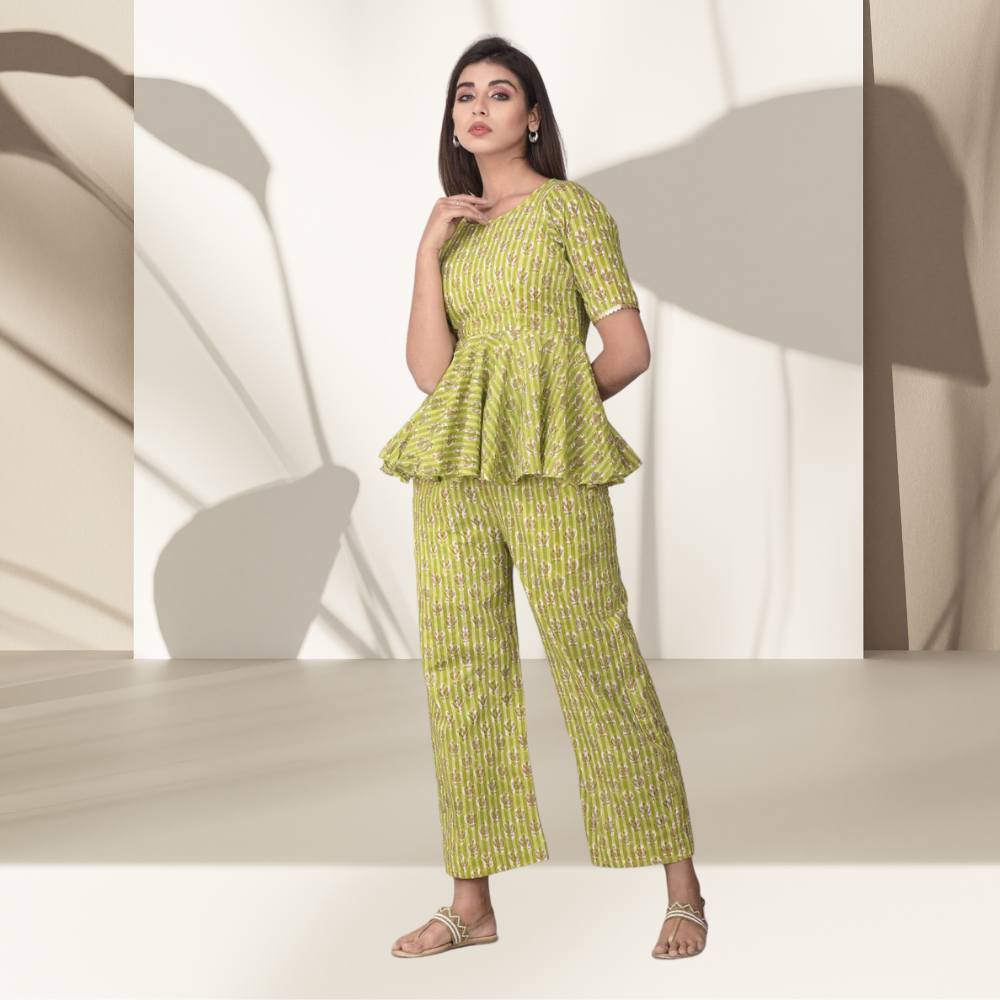 Floral Peplum Top | Block Print | Handcrafted | Day Wear | Green And Pink