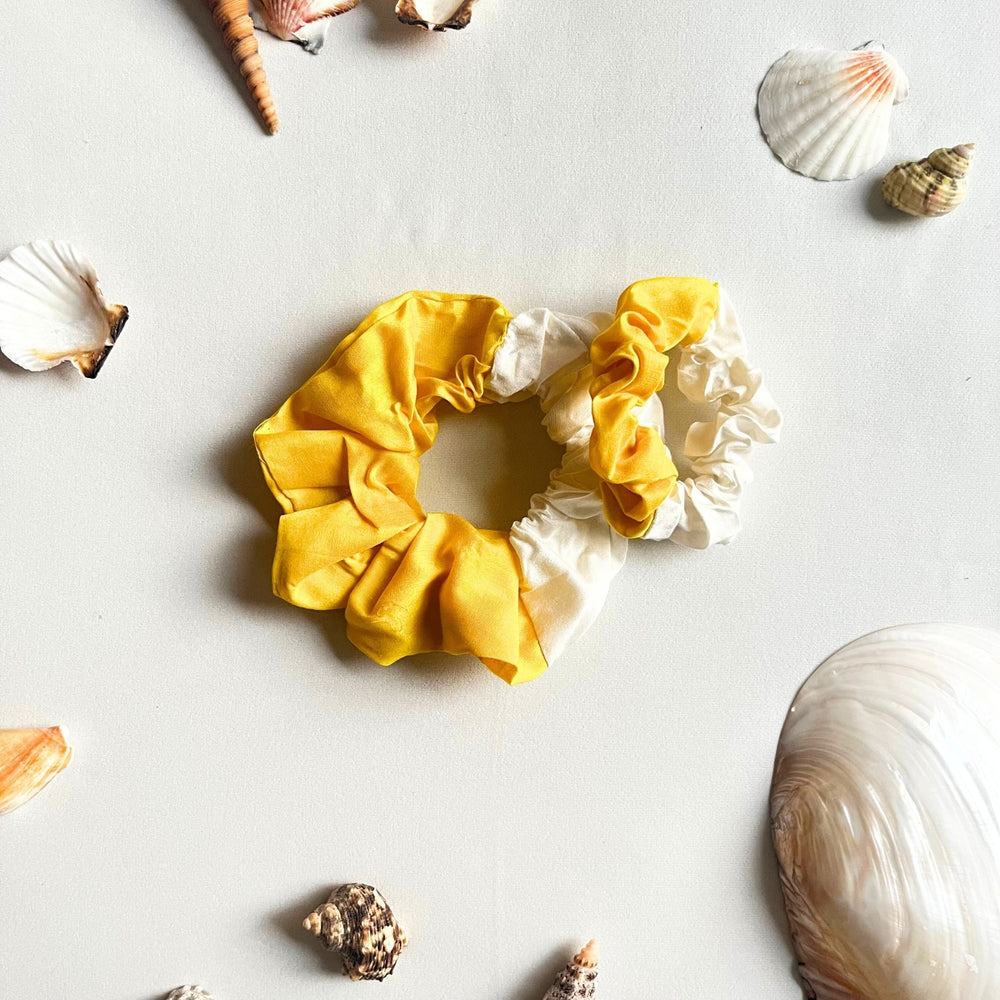 Scrunchies For Women | Anti Hair Breakage Band | Yellow And Cream | Set of 3 Sizes