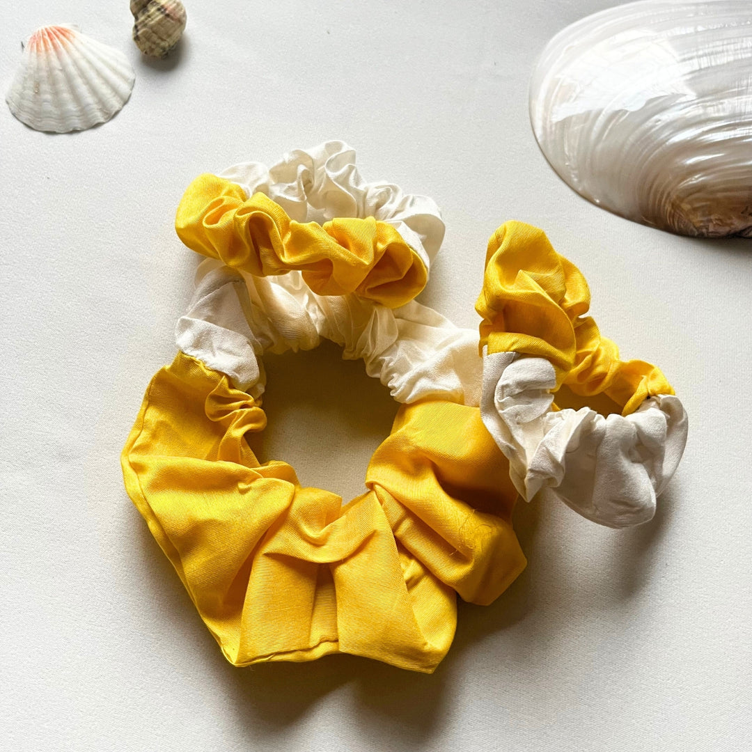 Scrunchies For Women | Anti Hair Breakage Band | Yellow And Cream | Set of 3 Sizes