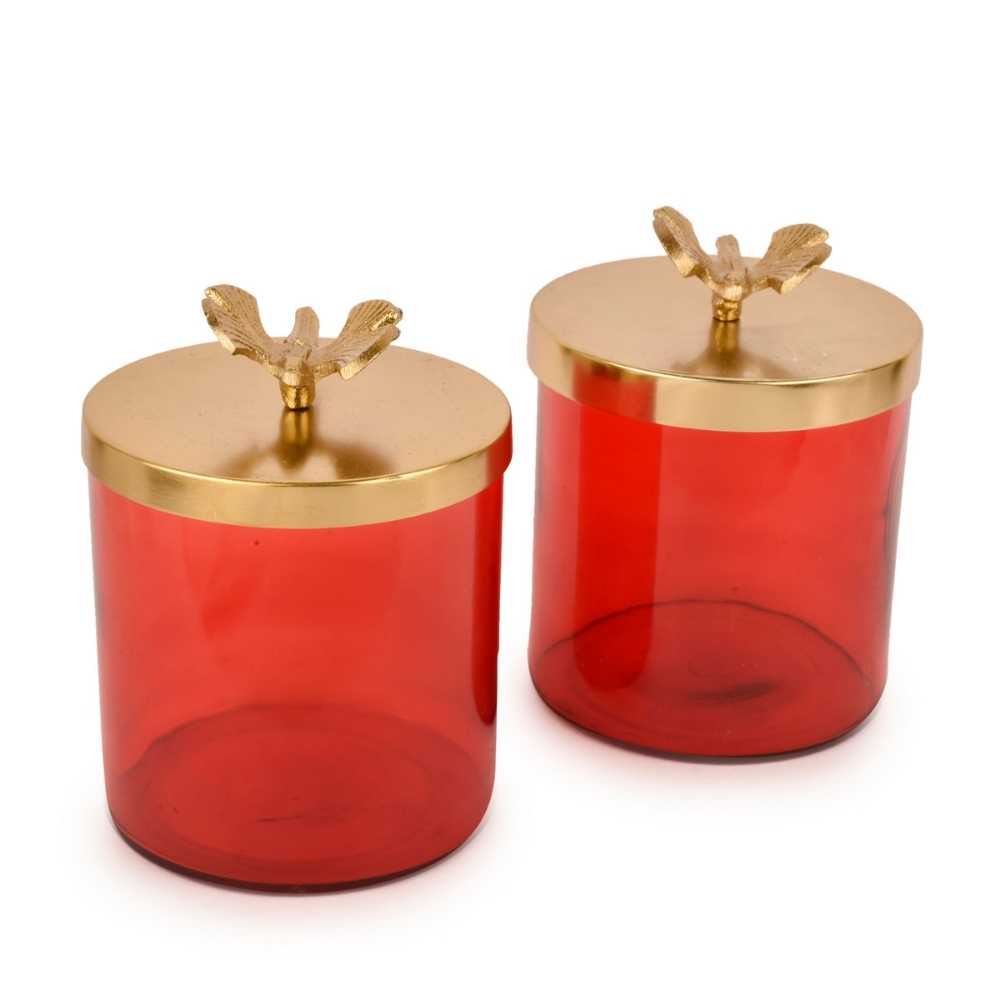 Red Glass Jar With Metal Water Fly Lid In Set Of 2 | Decorative Glass Jar | Festive Decor | Golden | 5.5 inches Tall