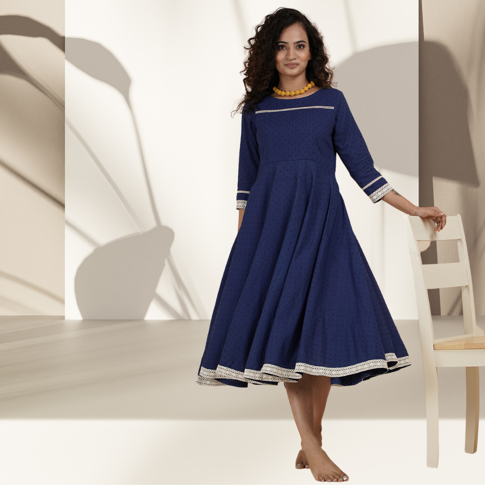 Blue Crochet Border Dress | Hand-Crafted | Shibori