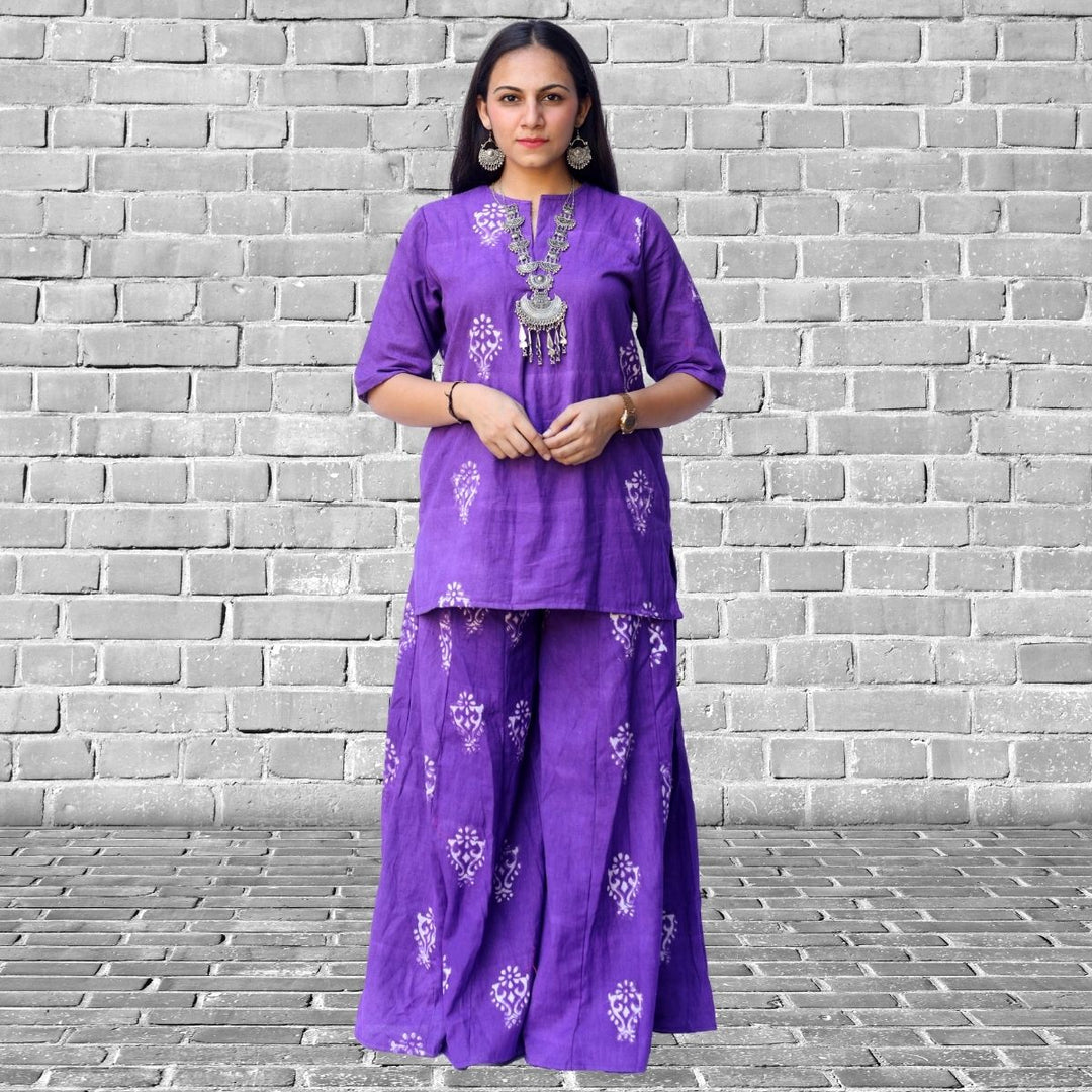 Violet Kurta and Sharara Set For Women | Festive Apt | Hand Block Printed