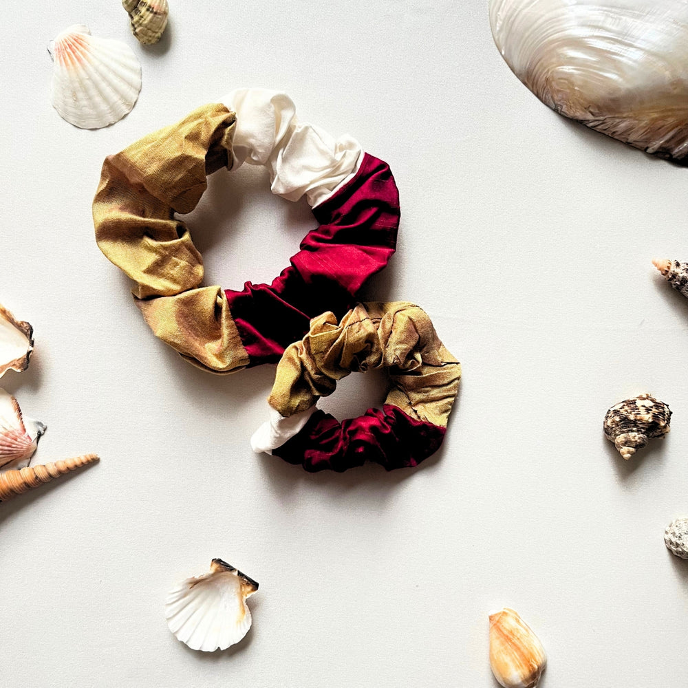 Scrunchies For Women | Soft Elastic Hair Bands | Golden+Maroon+Beige| Set of 2 | Linen And Silk