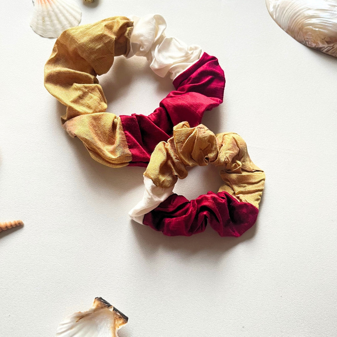 Scrunchies For Women | Soft Elastic Hair Bands | Golden+Maroon+Beige| Set of 2 | Linen And Silk