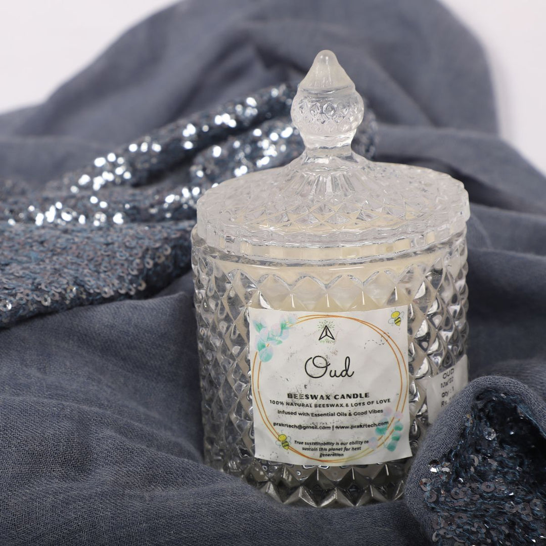 Scented Beeswax Candle In Crystal Glass Jar | Smoke-Free | Oud Fragrance