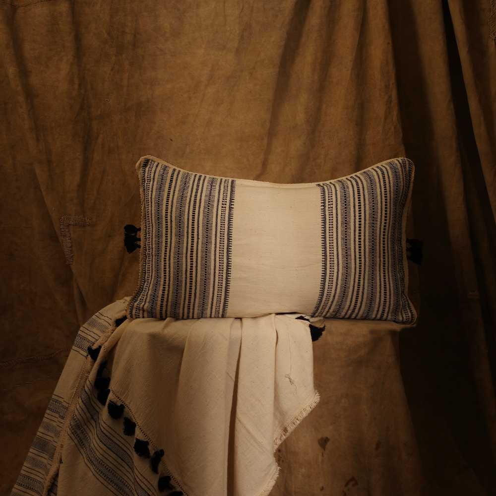 Lumbar Cushion Cover | Black Stripe Weave on Ivory | Ethnic Look | 14"x24"