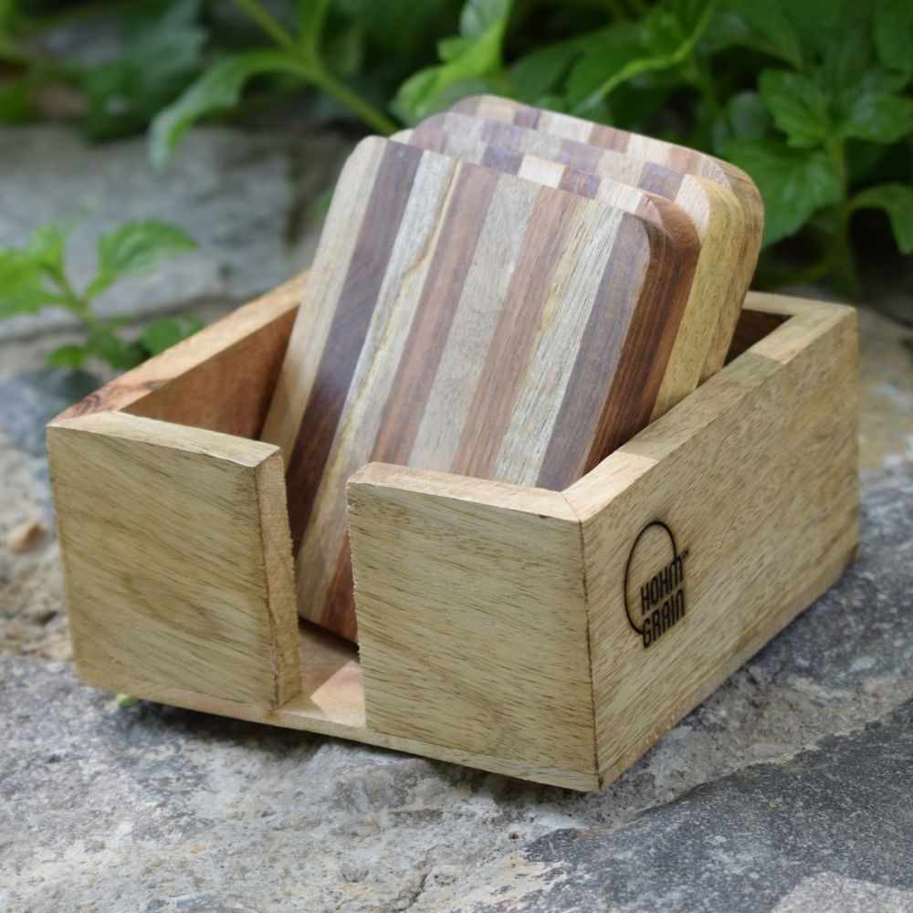 Two Toned Coaster Set With Stand | Mango & Sheesham Wood |  Hand-Crafted | 4 Inch