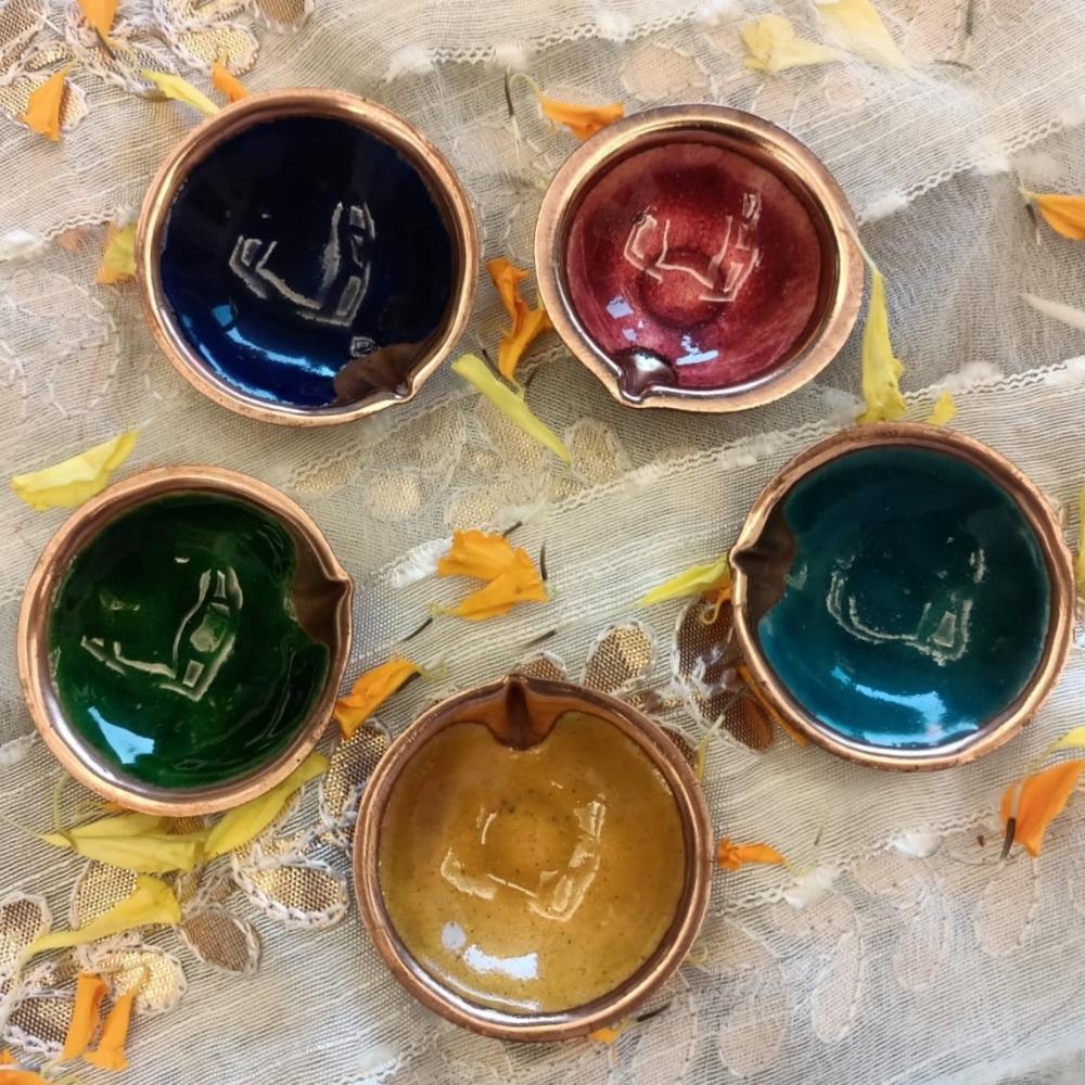 Rangoli Festive Colour Diyas | Copper Ware | Hand-crafted | Set Of 5