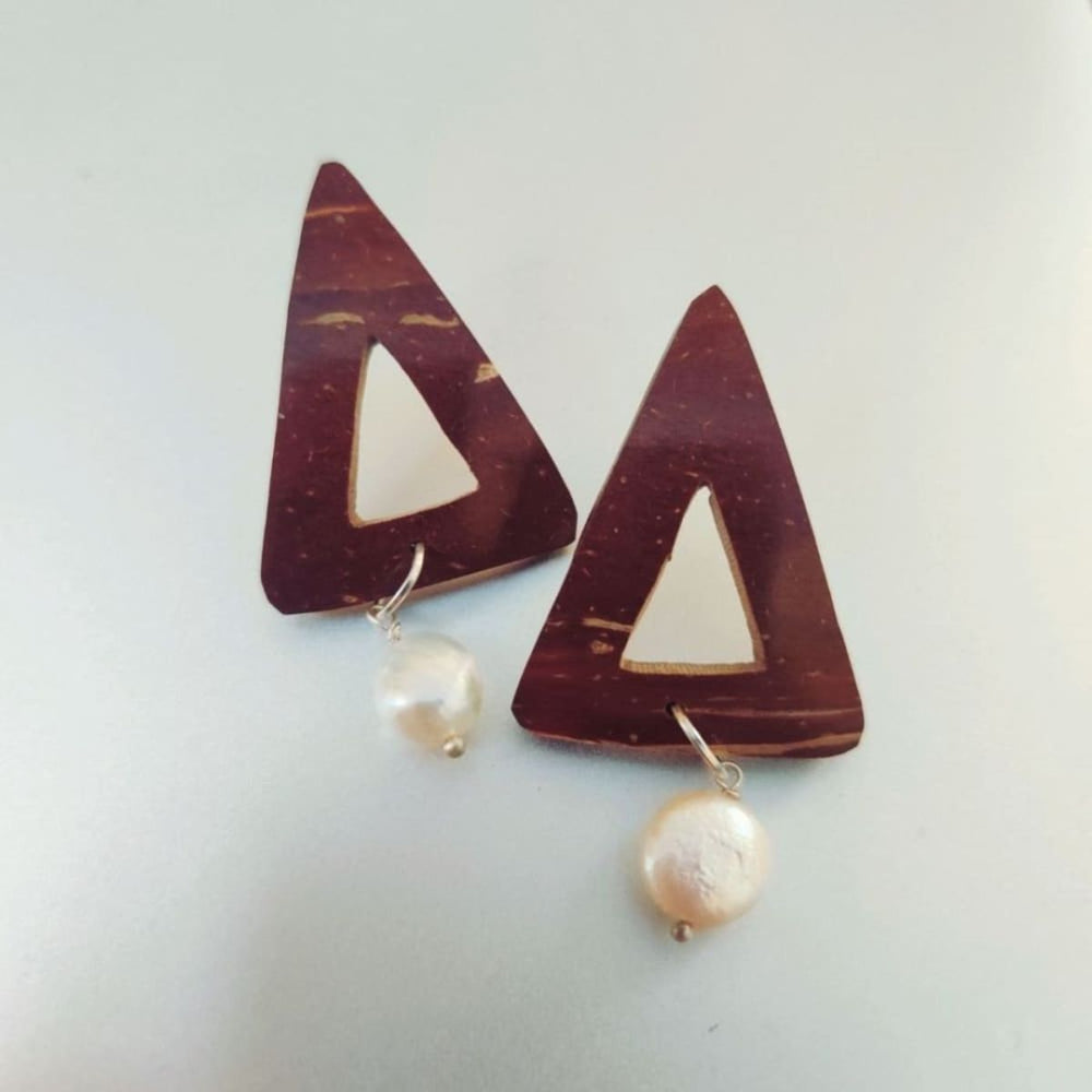 Pearl & Triangle Coconut Shell Earrings With Golden Hook|