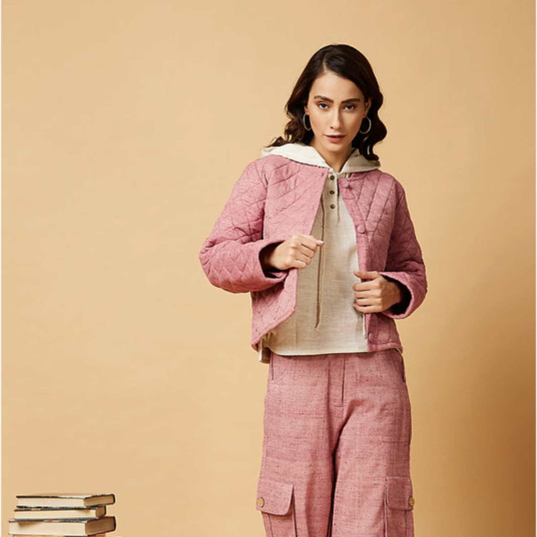 Women Hoodie Jacket  | Quilted Style | Peace Eri Silk | Casual | Powder Pink