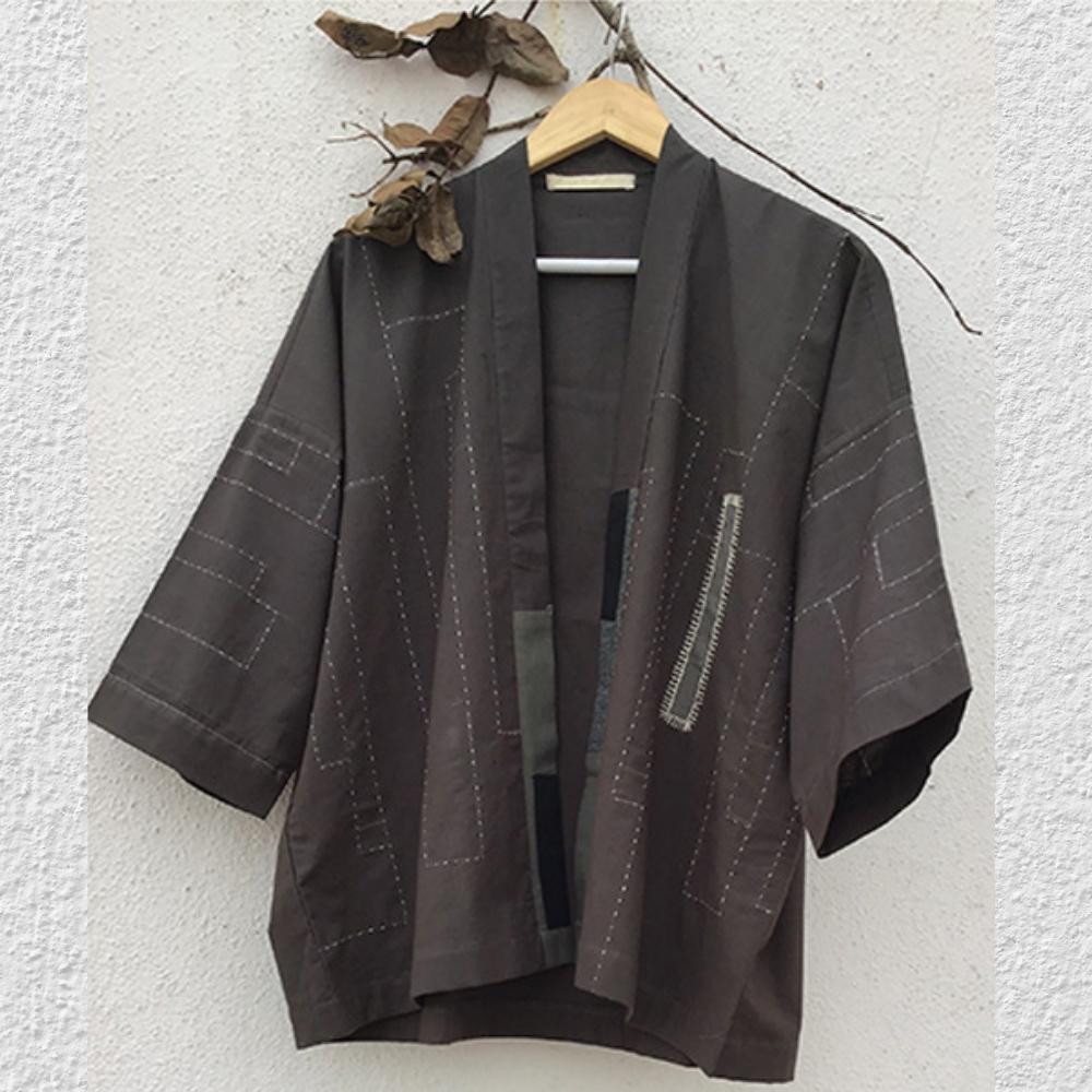 Slate Grey Kimono Jacket | Classy Oversized Jacket | Hand-Crafted | Kantha Embroidery