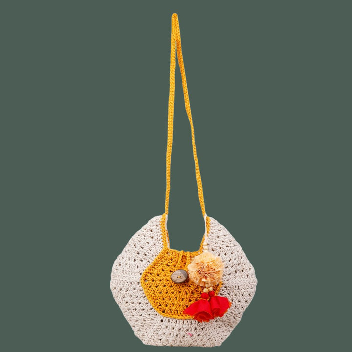 Pentagon Bag  | Hand-Crochet | Cotton Yarn | Mustard & Off White