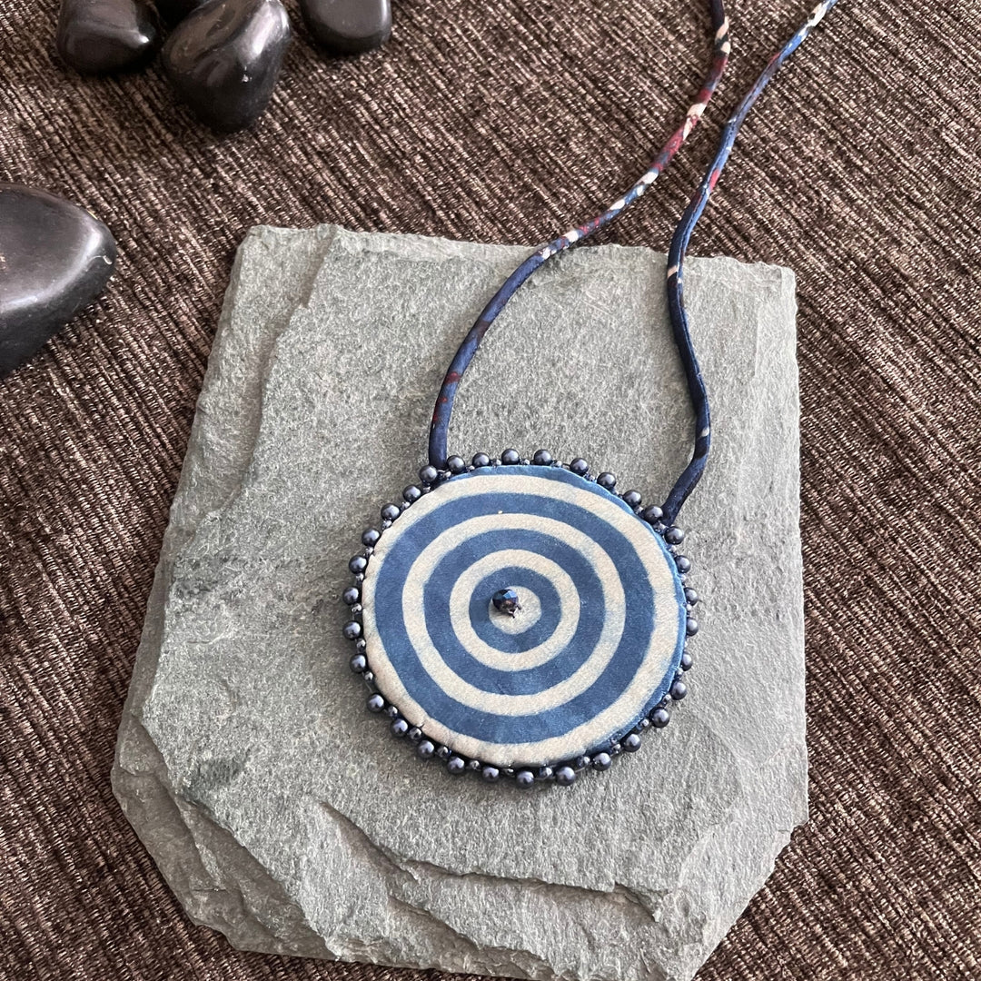 Ajrakh Neckpiece With Dangling Coins | Circular Pendant Necklace | Ethnic | Indigo & Ivory