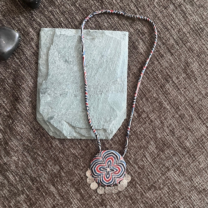 Ajrakh Print Neckpiece With Dangling Coins | Festive Ethnic Look | Blue & Red