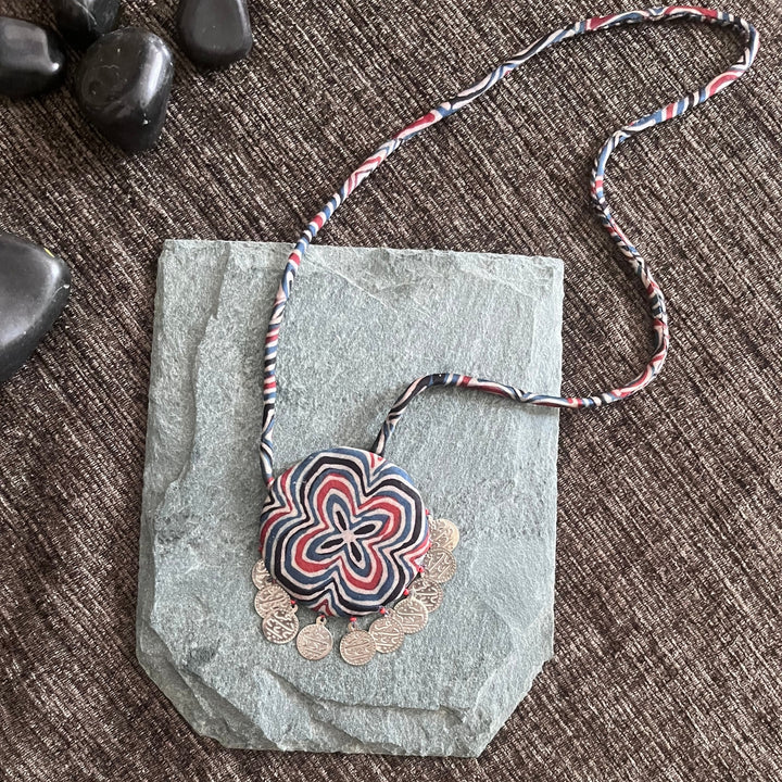 Ajrakh Print Neckpiece With Dangling Coins | Festive Ethnic Look | Blue & Red