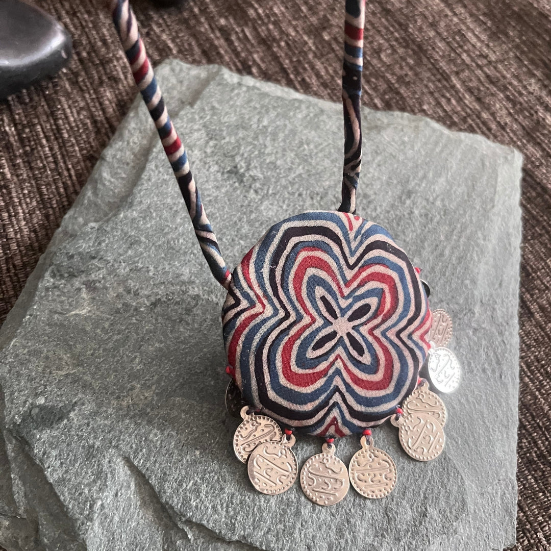 Ajrakh Print Neckpiece With Dangling Coins | Festive Ethnic Look | Blue & Red