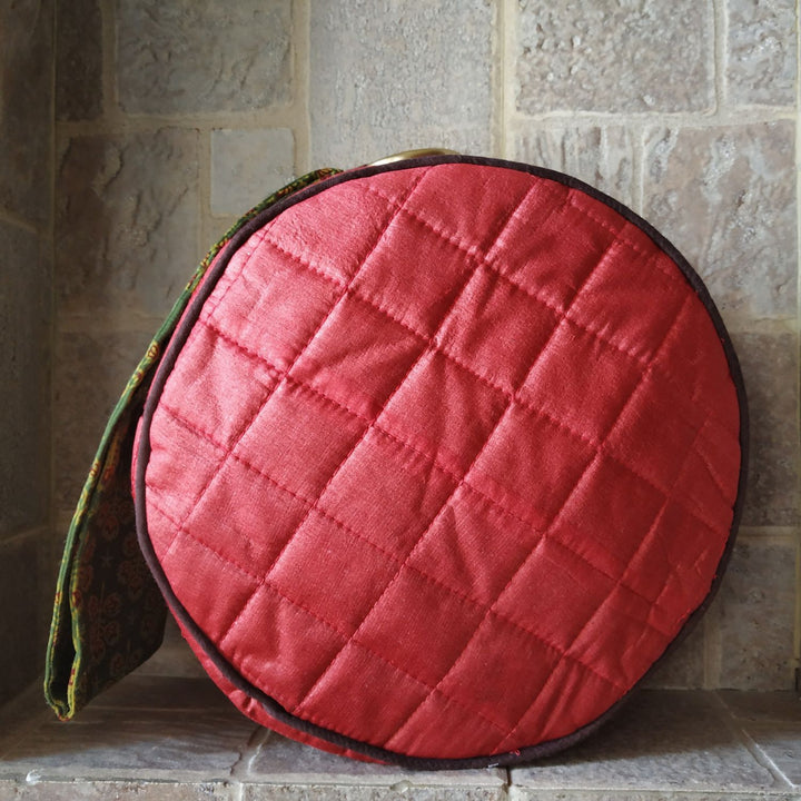 Tussar & Ajrakh Round Wrist Bag | Hand Crafted | 9 x 3 Inches