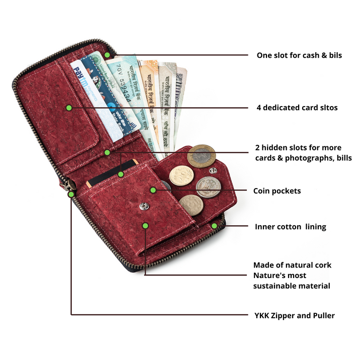 Kiwi Zip Wallet | Multiple Pockets | Cork | Unisex | Water Resistant
