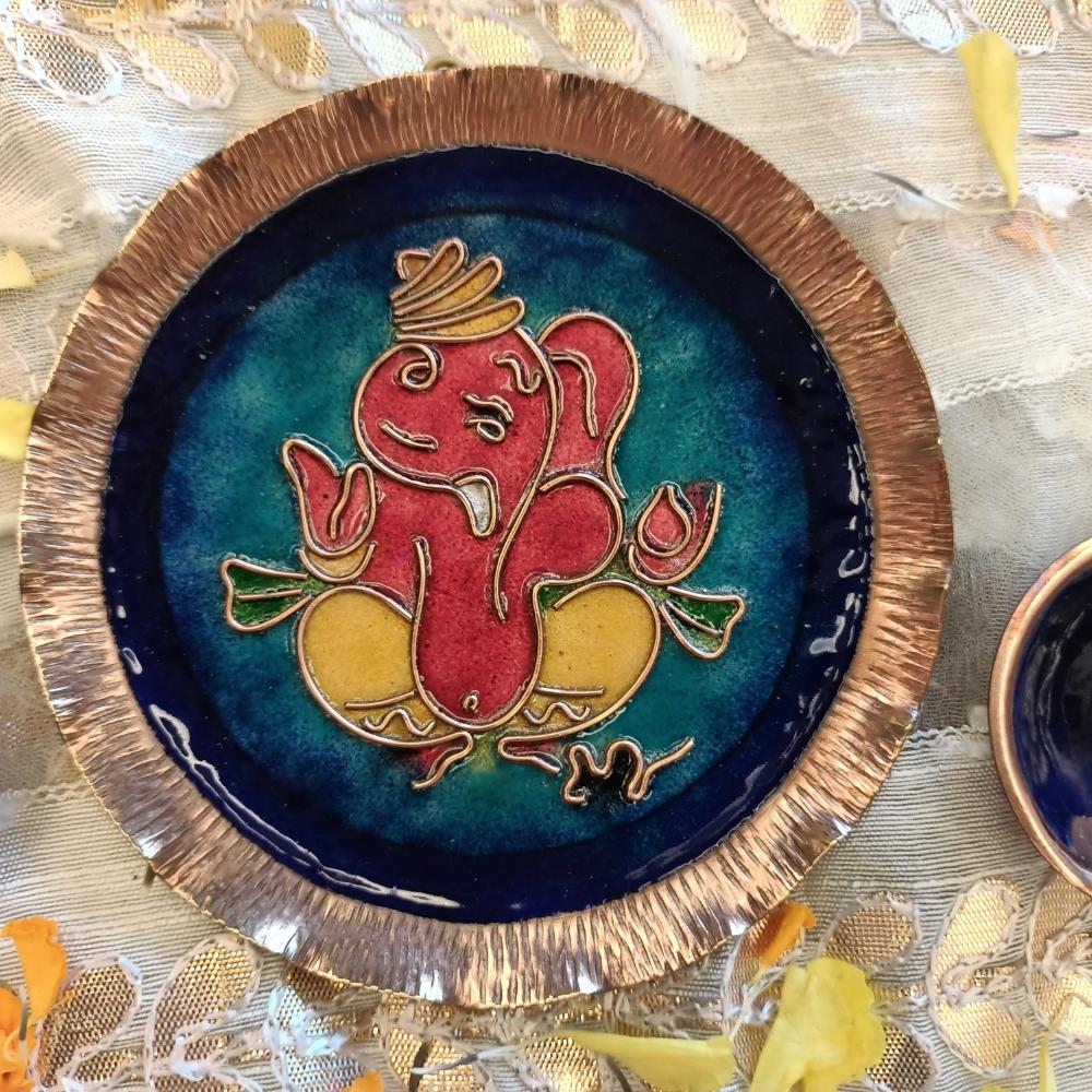 Ganesha Pooja Thali | Copper Ware | Hand-crafted | Festive Decor | Blue