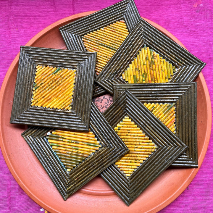 Brown & Ochre Square Coasters | Durable Artistic | Table Ware | Set of 6