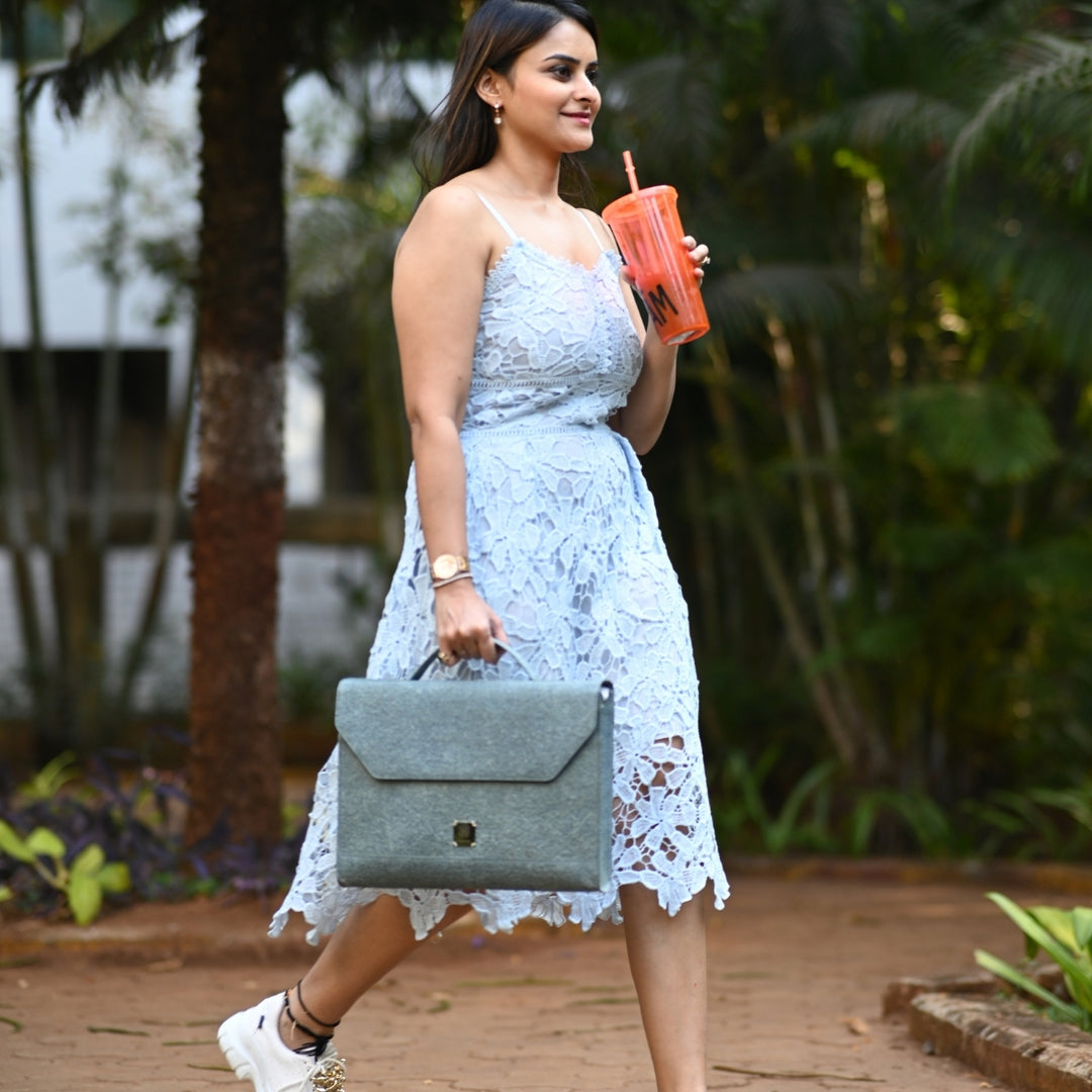 Laptop Bag With Handle And Sling | Made of Coconut Leather | Unisex | Powder Blue