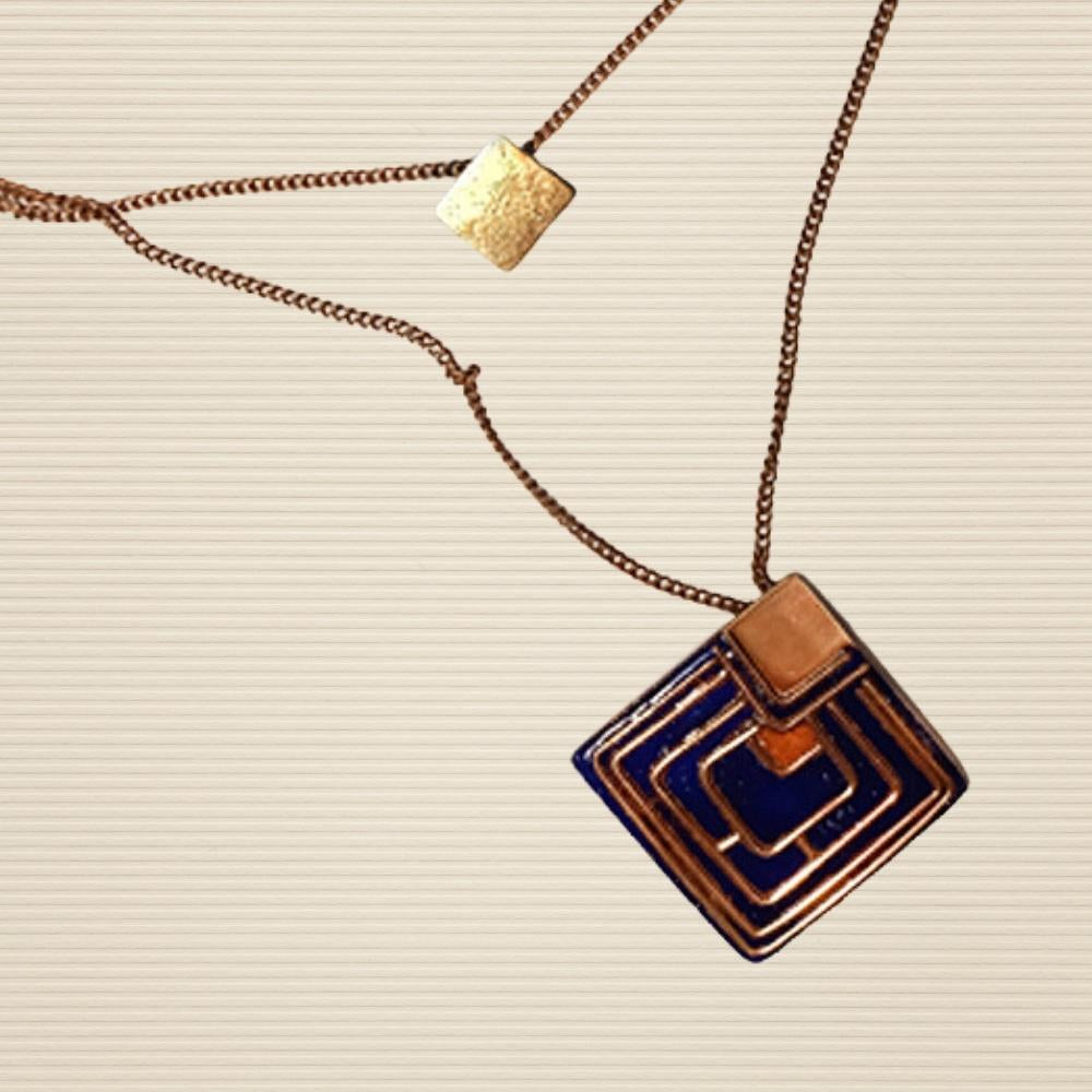 Pendant Necklace | Diamond shaped | Copper Enamel | Hand-crafted | Blue & Golden