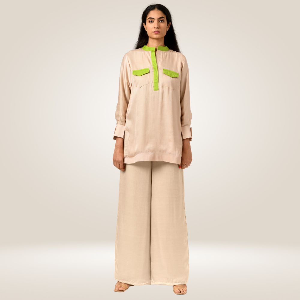 Ecru-Green Full Co-ord Set | Bemberg Modal Silk | Stylish & Suave