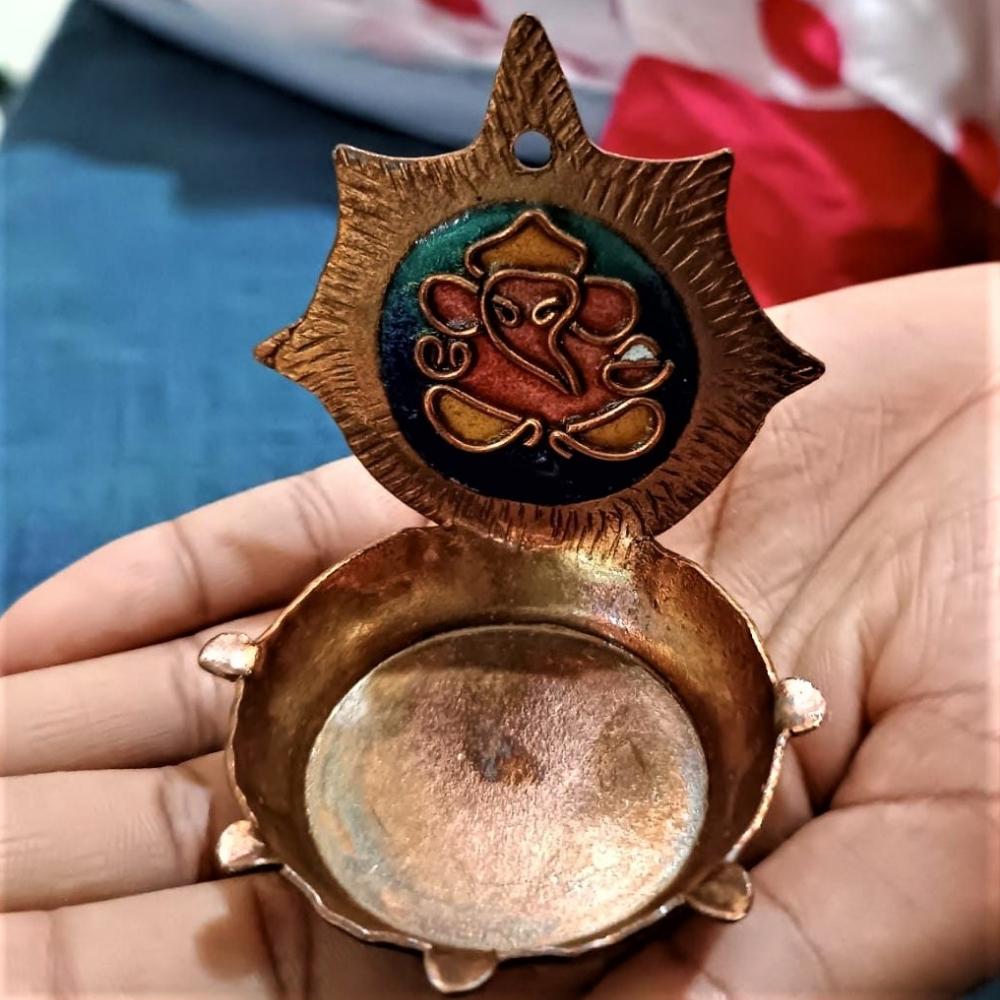 Copper Diya, Puja Essentials, Ganesh Festive Diya | Copper Ware | Minakari | Hand-crafted | Set Of 2