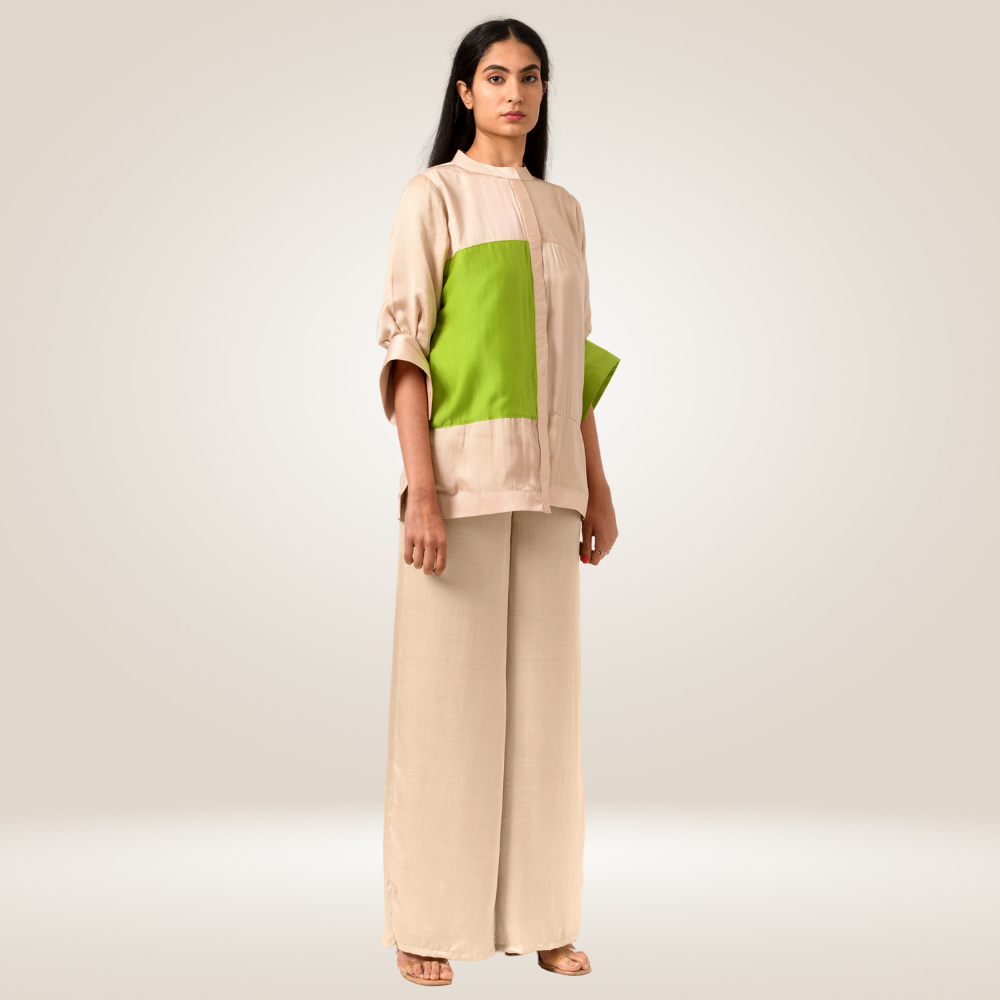 Ecru-Green Blocked Co-ord Set | Bemberg Modal | Minimal Glamour