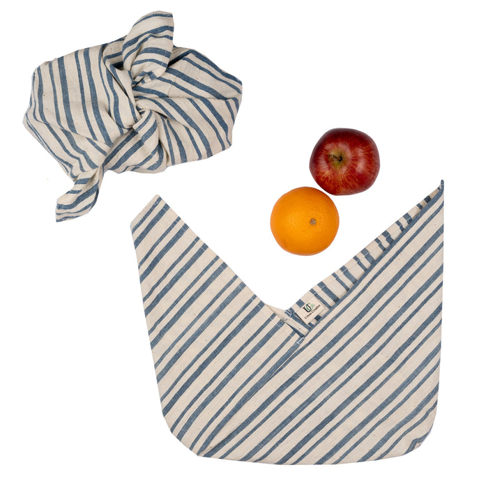 Bento Cotton Bags | Food Storage | Travel Organiser | Off-White with Blue Stripes | Set of 2