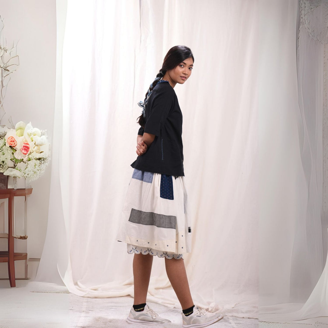 Feminine White Skirt | Beautiful Scallop & Patchwork | Cotton Muslin | Relaxed Fit