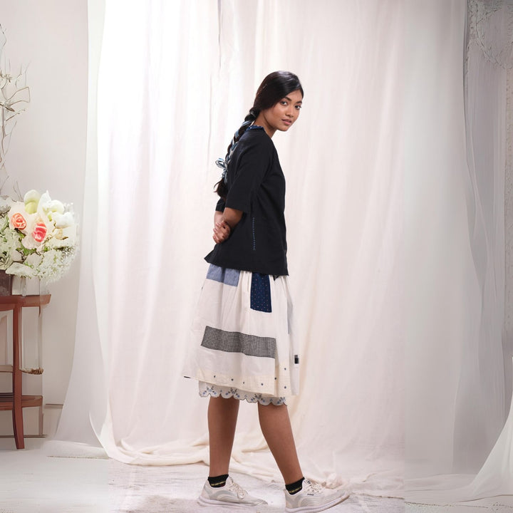 Feminine White Skirt | Beautiful Scallop & Patchwork | Cotton Muslin | Relaxed Fit