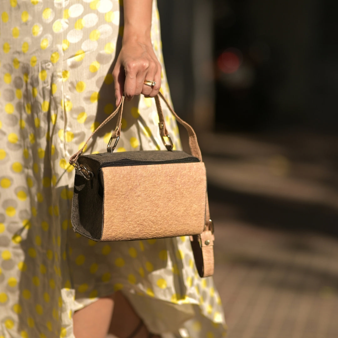 Stylish Mini Duffel Bag For Women | Travel Friendly | Coconut Leather | Grey & Beige