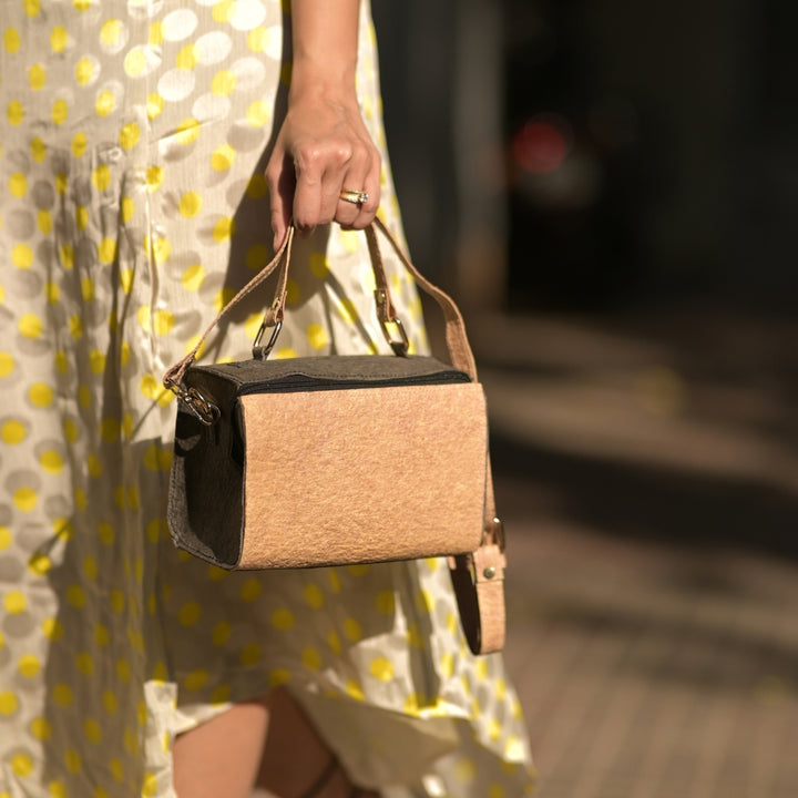 Stylish Mini Duffel Bag For Women | Travel Friendly | Coconut Leather | Grey & Beige