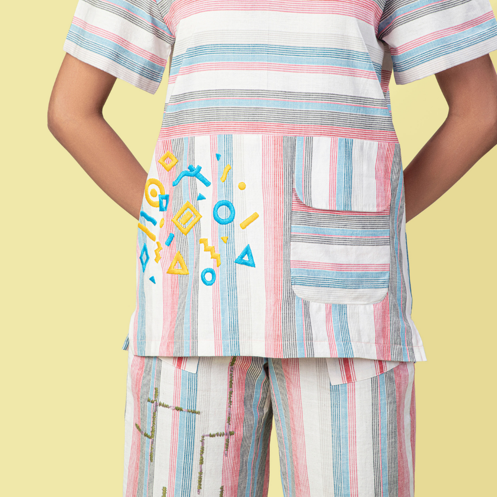 Broad Stripes Oversized Top for Women | Relaxed Fit | Embroidered