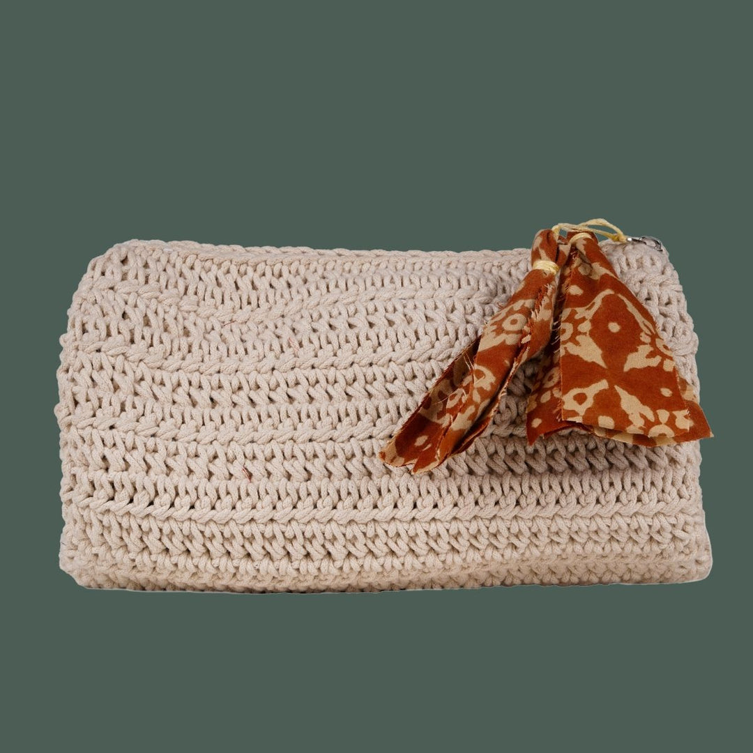 Hand-Crafted Duffel Pouch Bag | Crochet Work | Cotton Yarn | Off White