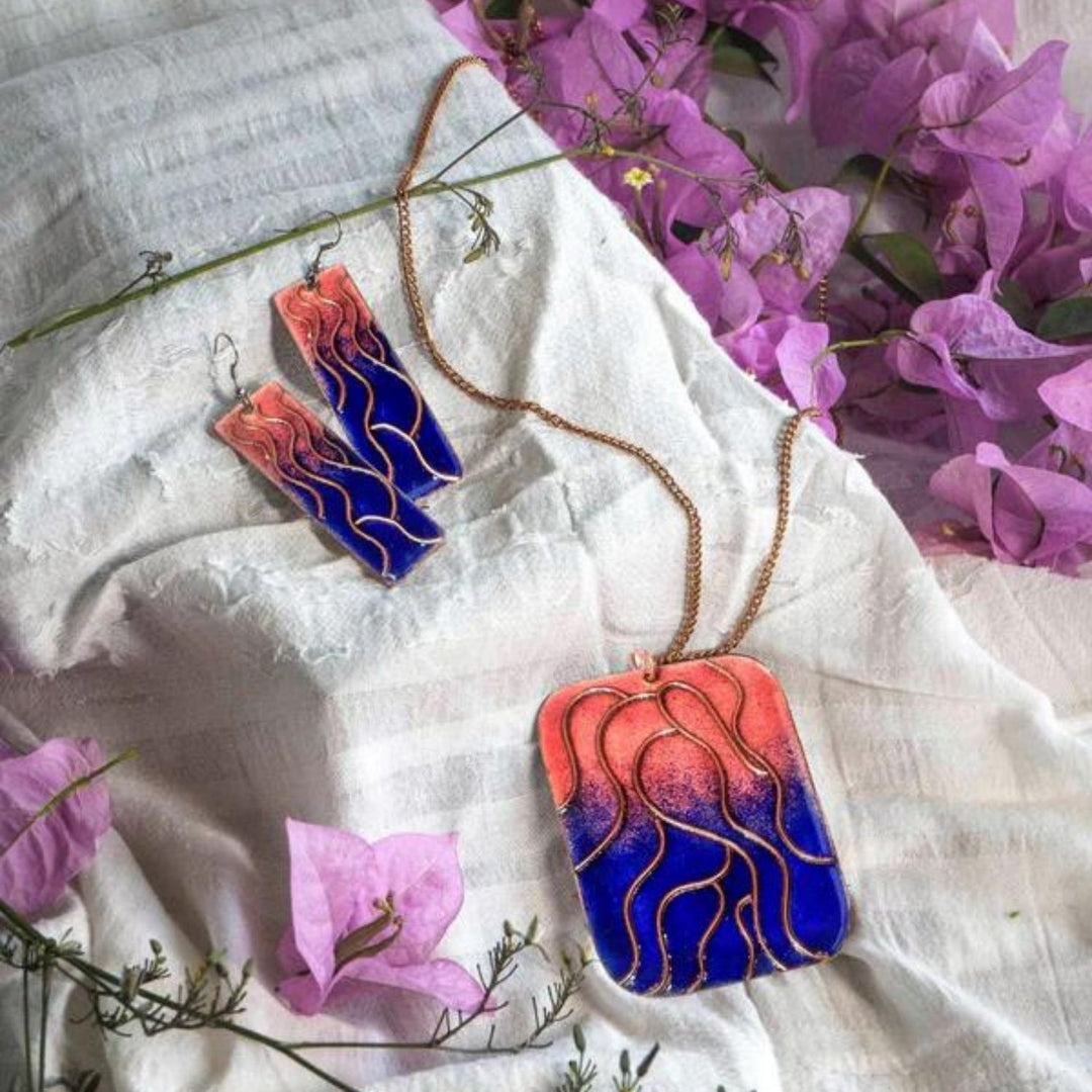 Pendant Earring Set | Two-Color | Copper Enamel | Hand-crafted | Coral And Blue
