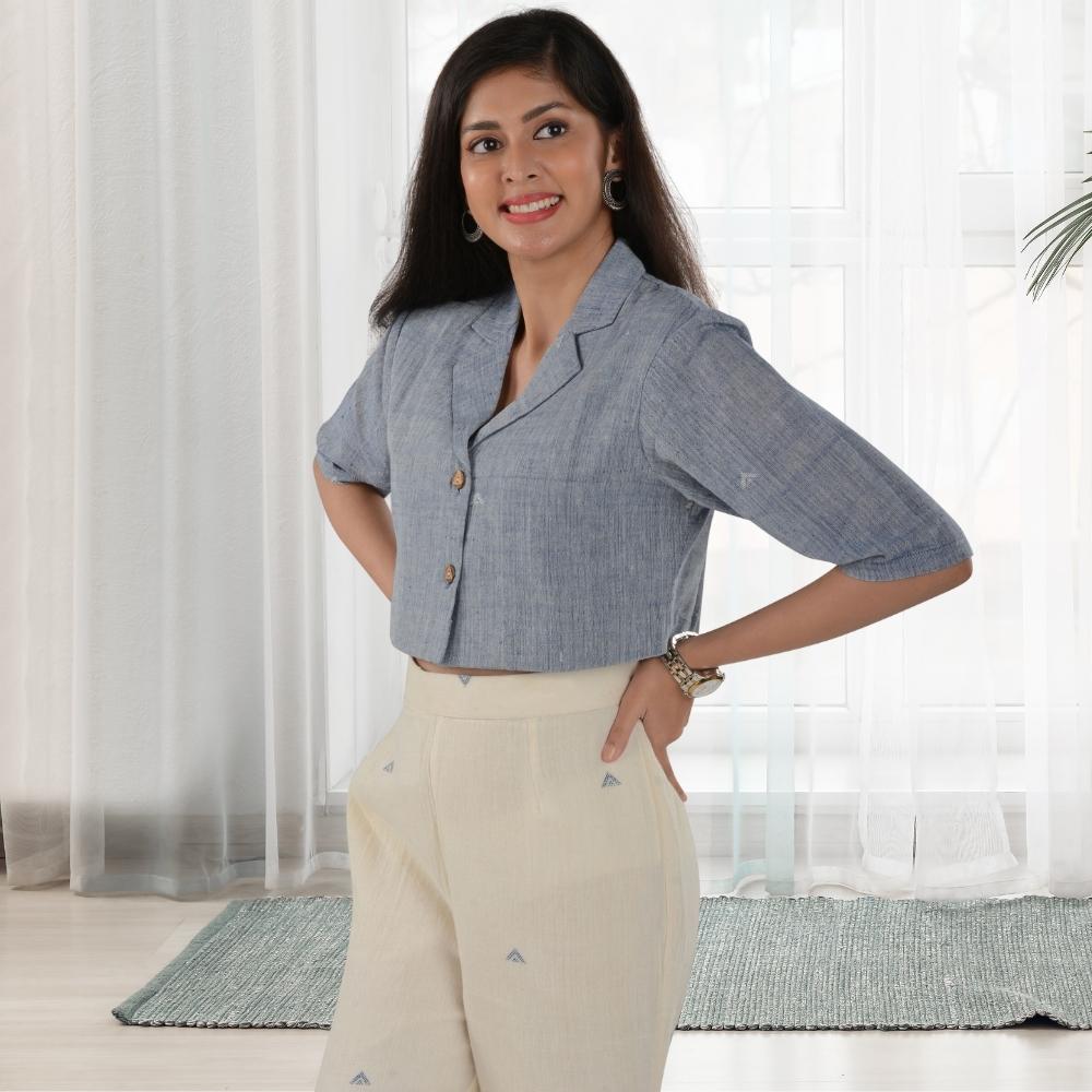 Top-Pant Set in Kala Cotton | Everyday Elegance | White And Powder Blue