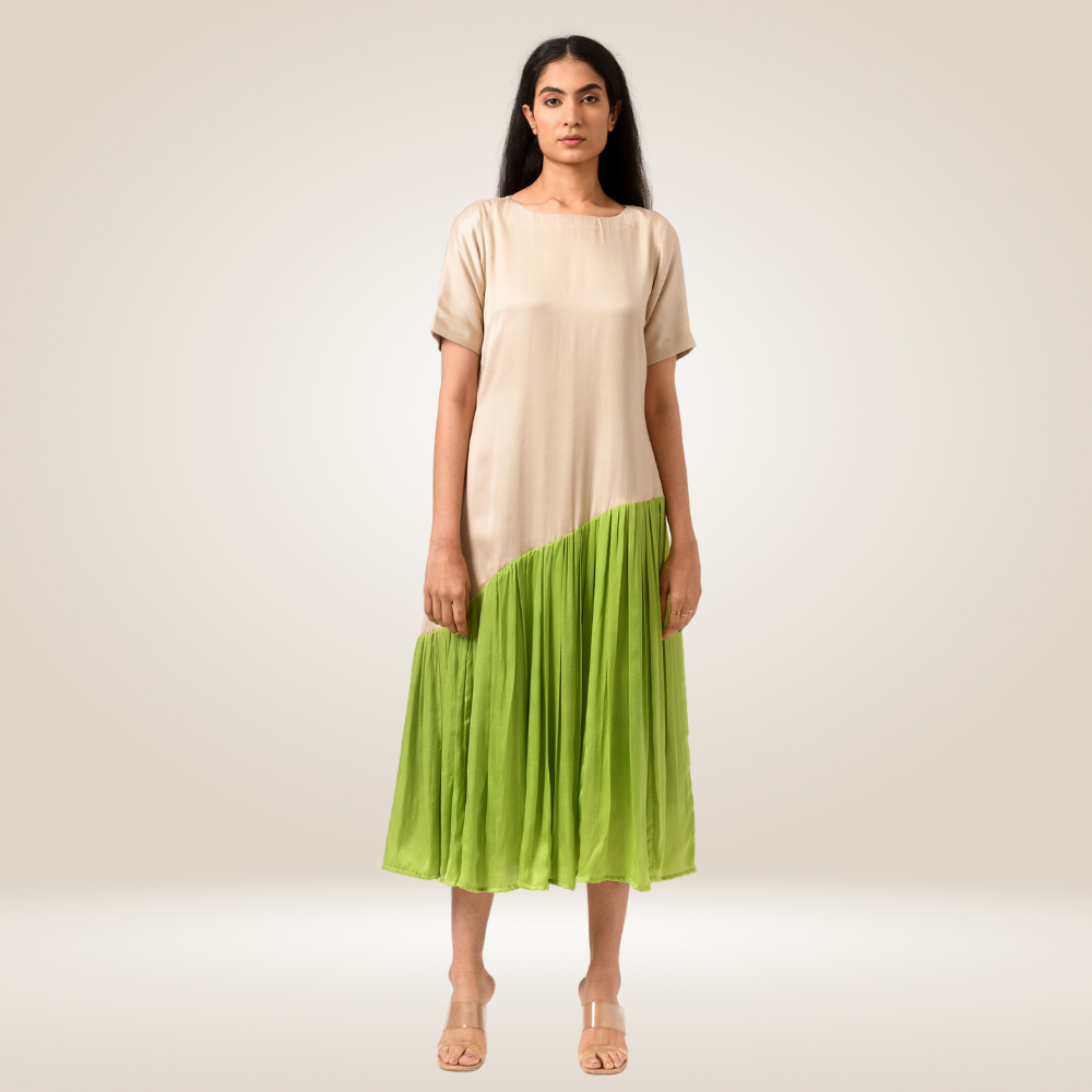 Ecru Green Gather Colour Block Dress