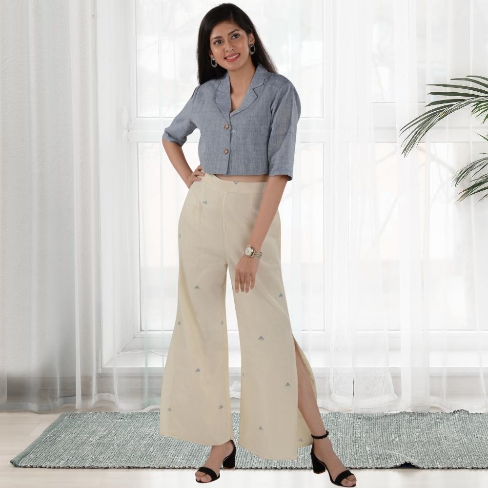 Top-Pant Set in Kala Cotton | Everyday Elegance | White And Powder Blue