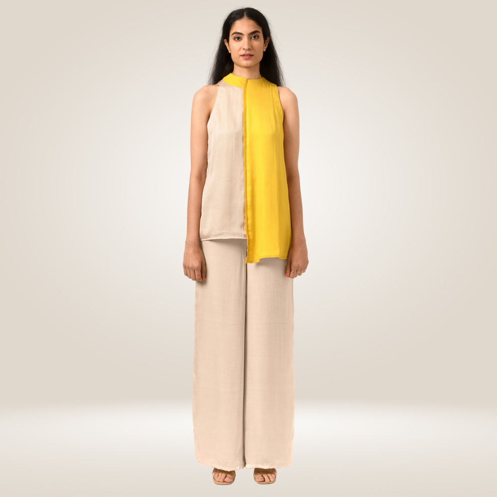 Yellow Ecru Halter Neck Co-ord Set | Bemberg Modal Silk | Sleek Style