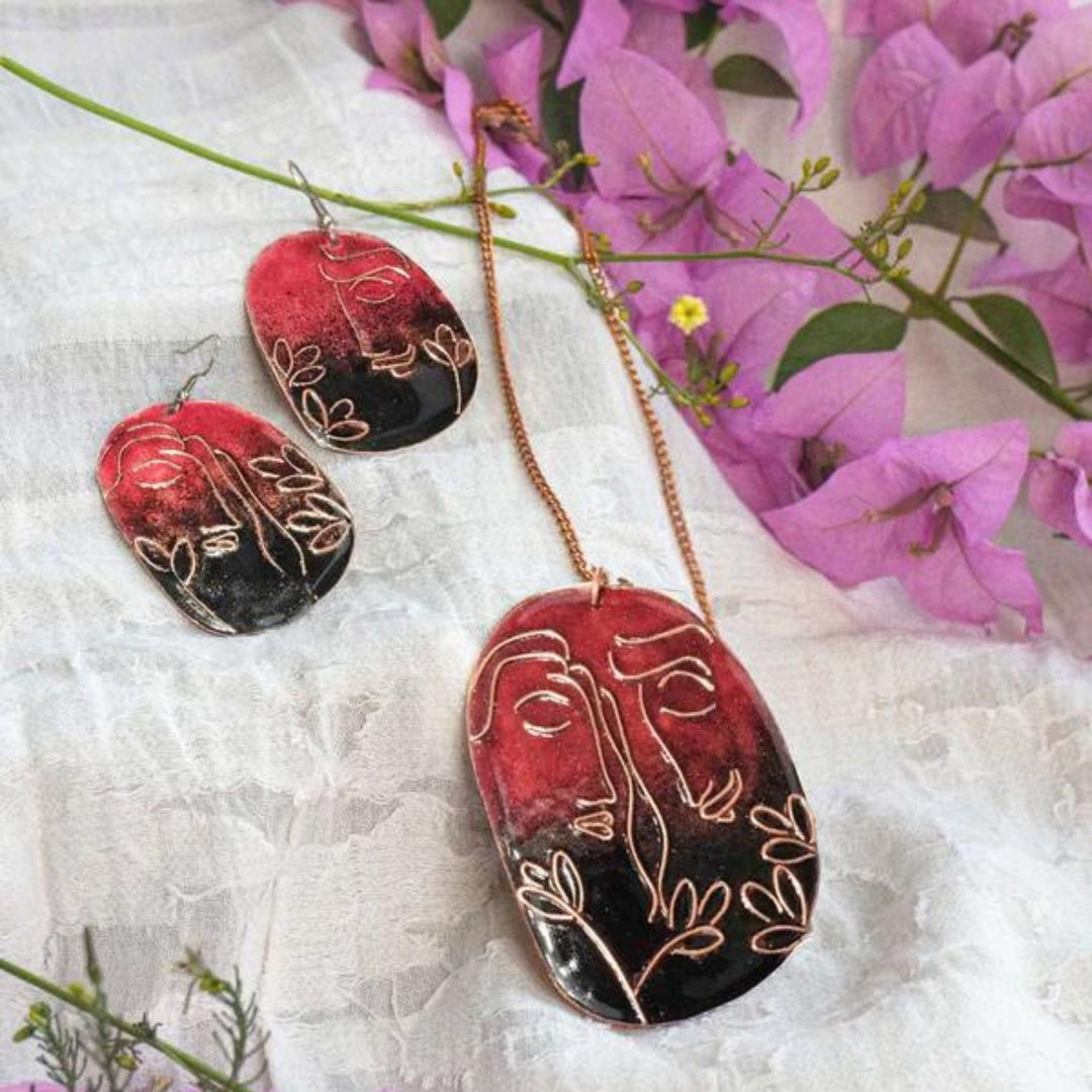 Pendant Earring Set | Red Black | Adjustable | Copper Enameling | Hand-crafted